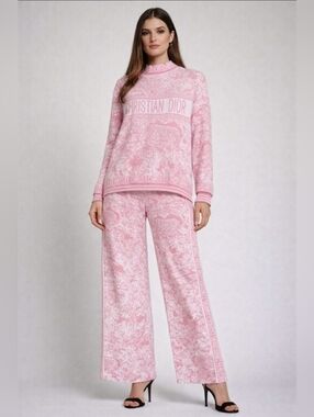 Last Set! 2pcs Stylish Stretchy Knit Pink Patterned Sweater and Pants Set